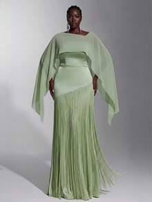 Elitara Plus Size Elegant Romantic Asymmetric Elastic Knit Fabric Patchwork Tassel Formal Evening Gown For Wedding Party Celebration Formal Events (Heavy Work Design) - Green - View 5