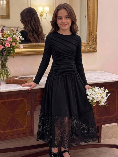 Firerie Kids Tween Girl Tween Girls Solid Color Pleated Long Sleeve Lace Patchwork Dress, Casual Daily Autumn/Winter Elegant Dress