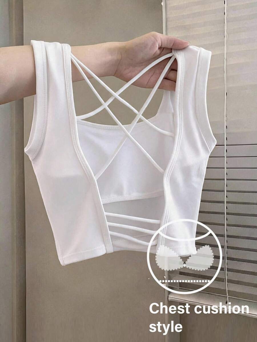 FRIFUL Women's Solid Color Criss-Cross Back Tank Top With Padded Cups Cute Tops - White - View 1