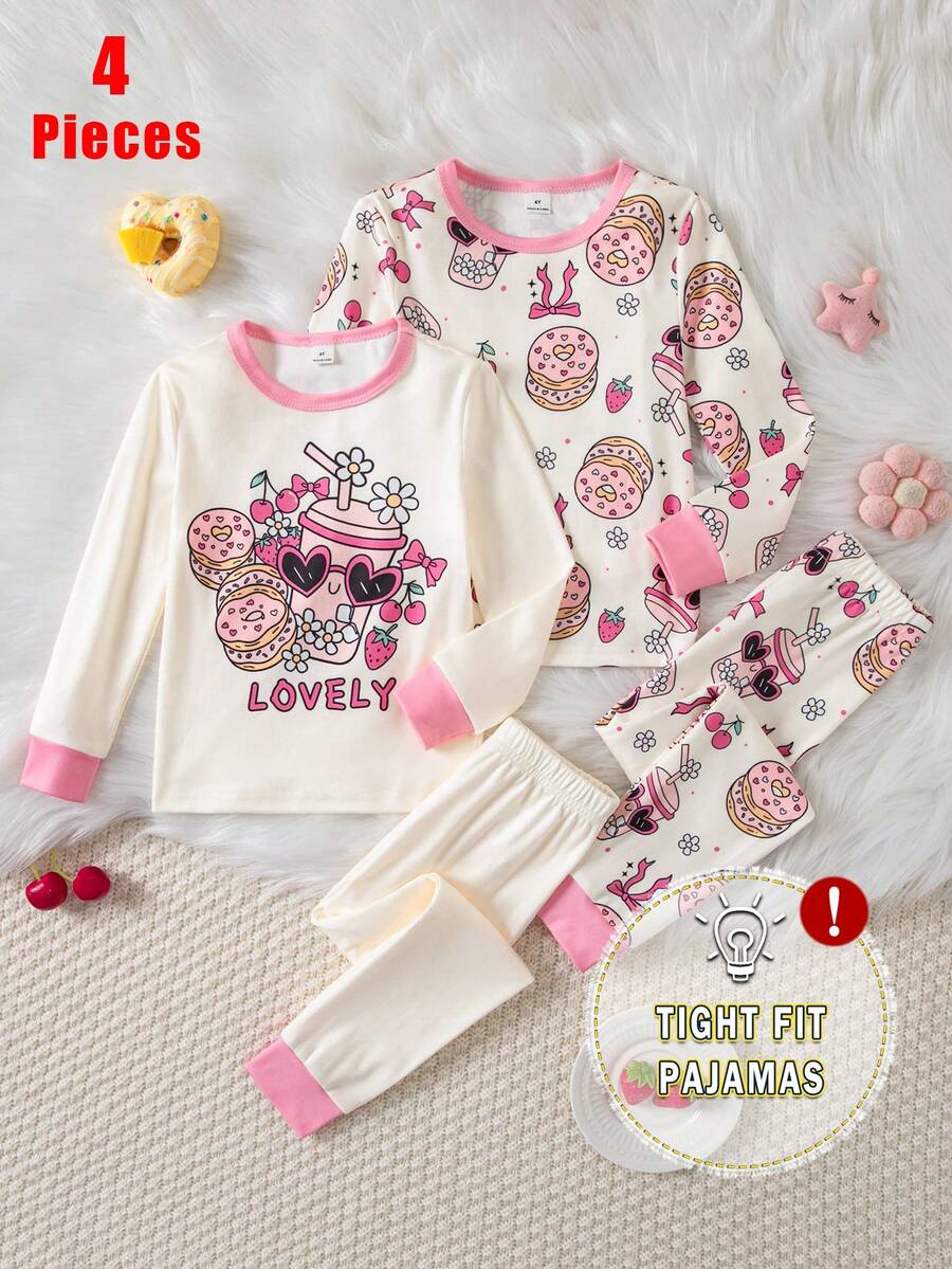 Genkimix Kids 2套女童睡衣 可愛兔子玫瑰粉 藍粉印花 全身印花 時尚俏皮圖案 全印花圓領 修身長袖長褲 3件套居家服睡衣 - 淺粉色 - 查看 1