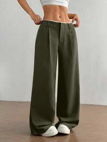 SHEIN Unity Versatile Commuting & Business Women's High-Waisted Patchwork Design Super Slimming Straight Leg Olive Green Wide Leg Pants - Army Green - View 3