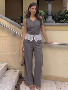 Siren Gaze Women's Grey Sleeveless Suit Vest & Wide-Leg Trouser Set With Lace Detailing – Elegant Autumn Office Wear For The Sophisticated Professional - Grey - View 1