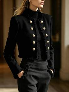 Balvessa Women's Black Patchwork Frayed Hem Short Jacket - Black - View 4