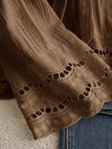 CosyJoli Plus Size Casual Lace-Up Ruffle Patchwork Textured Fabric V-Neck Long Sleeve Shirt Fall - Brown - View 4