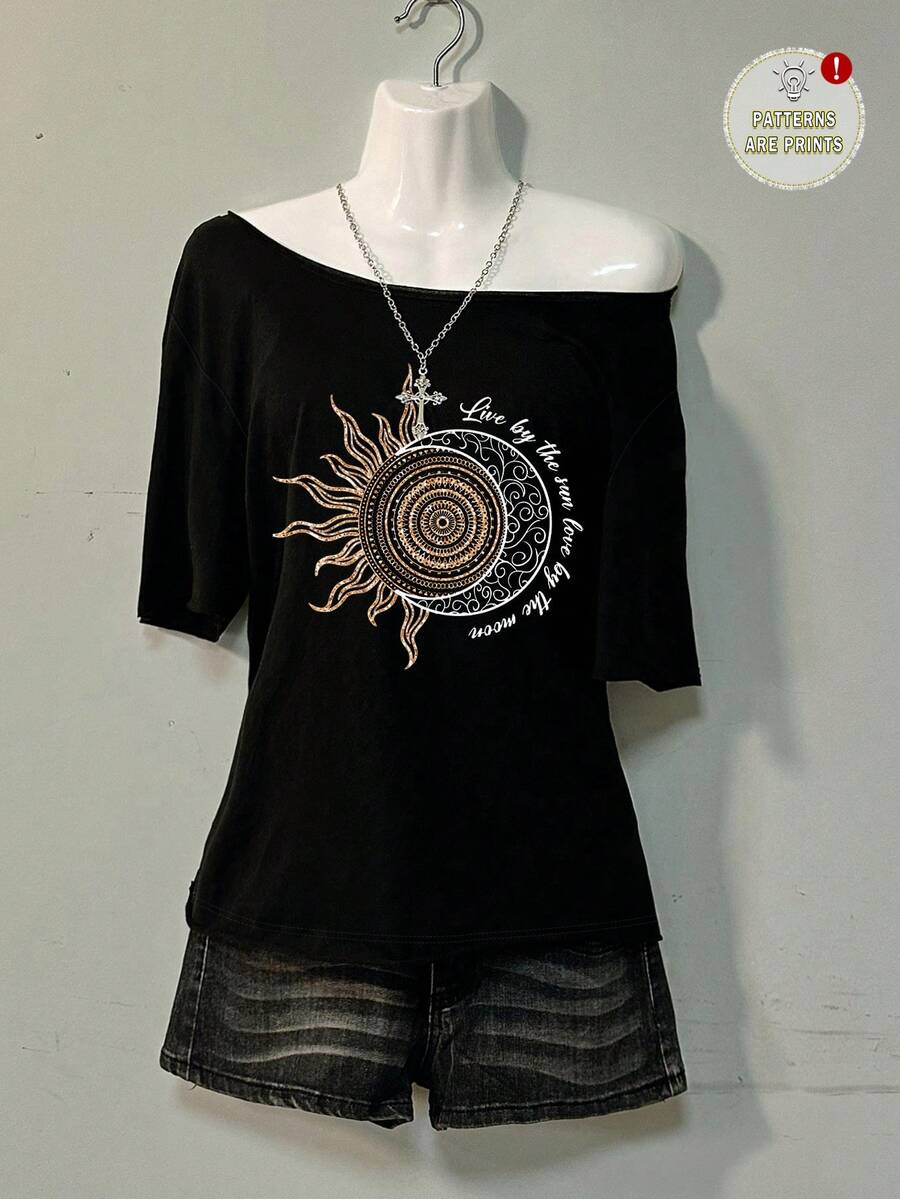 SHEIN EZwear 休閒極簡風人造金箔太陽神圖案落肩寬鬆女款T恤,復古懷舊風,休閒度假風,性感風,可愛Y2K Coconutgirl 波希米亞度假春假早午餐女孩旅行寶藍色霓虹海灘氛圍波希米亞嬉皮風音樂節,適合夏季 - 黑色 - 查看 1