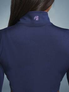 11SKNDS Cropped Full Zip Stand Collar Long Sleeve Sport Jacket With White Contrast Piping Detail And Thumbhole Cuffs With Sweat-Wicking & Breathable, For Gym Workout Fitness, Running, Training & Hy-Rox - Blue - View 5