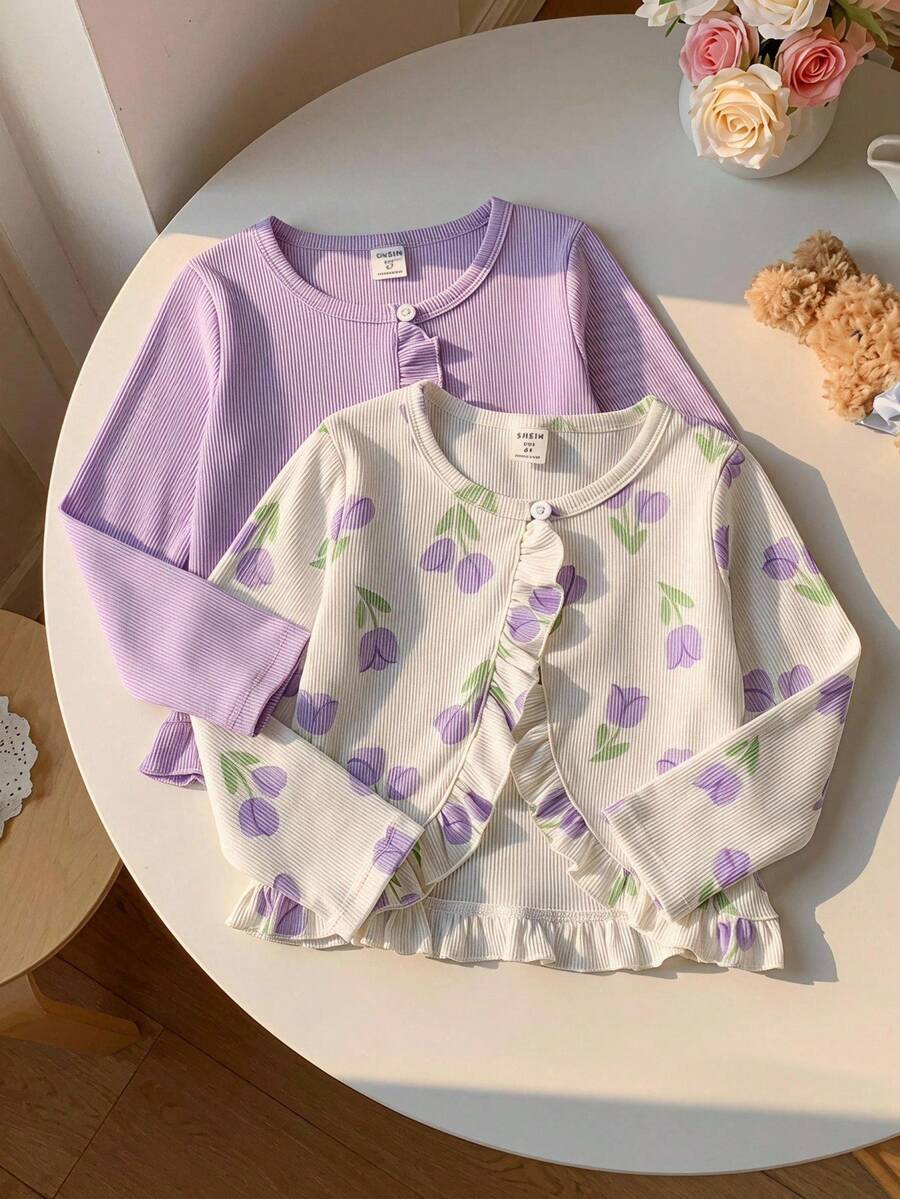 SHEIN Elladie kids 少女純色長袖針織開襟衫極簡風多件套適春夏休閒日常穿著 - 紫色 - 查看 1