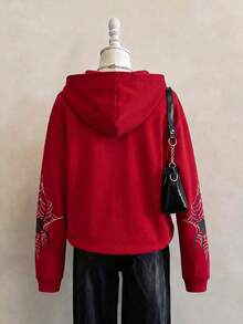 SHEIN EZwear 女款休閒拉鍊連帽衛衣，蜘蛛圖案，秋冬服飾 - 彩色 - 查看 6