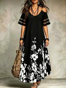 EMERY ROSE Plus Size Shoulder Strap Off-Shoulder Short Sleeve Dress Maxi Women Outfit - Multicolor - View 7