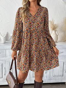 SHEIN LUNE Plus Size Vacation Fashion Floral Print Long Sleeve V-Neck Dress Vacation Black Autumn Traditional Elegant Boho 1960s Vacation Brunch Office - Multicolor - View 1