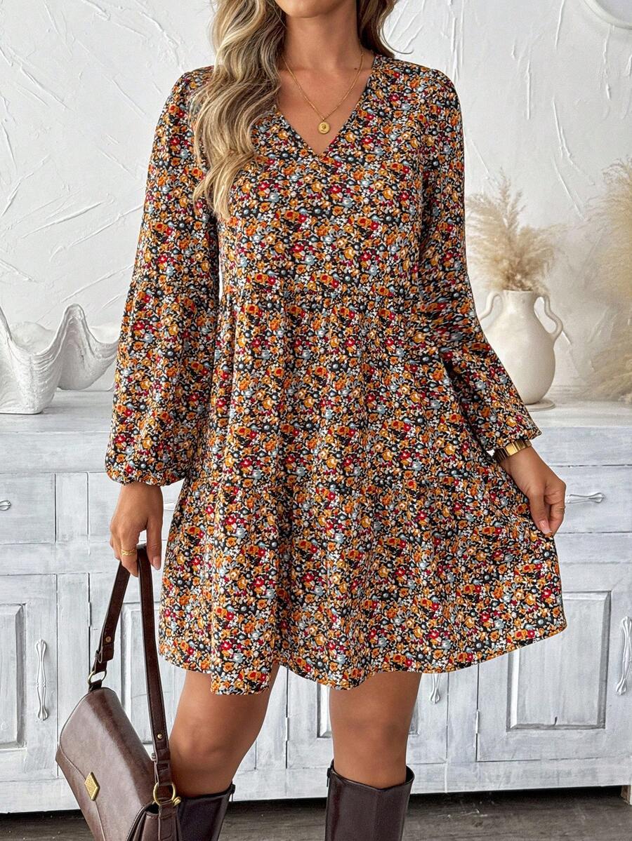 SHEIN LUNE Plus Size Vacation Fashion Floral Print Long Sleeve V-Neck Dress Vacation Black Autumn Traditional Elegant Boho 1960s Vacation Brunch Office - Multicolor - View 1