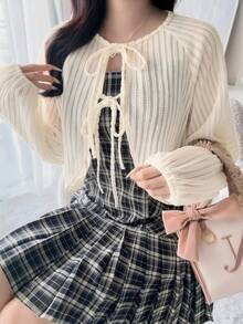 FRIFUL Atasan Wanita Model Regular Berlapis dengan Kain Bertekstur Ribbed Korea Terbaru untuk Awal Musim Gugur, Model Ikat Depan, dan Model Lucu. - Aprikot - View 5