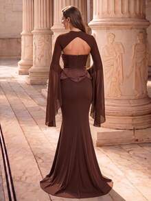 Glamrae Elegant Luxurious Glossy Satin Strapless Fishtail Maxi Dress Rhinestone Embellishments Handmade Beading Novel Design High Wedding Brown Winter - Coffee Brown - View 4
