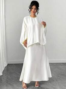 SHEIN LUNE CURVE Plus Size Women's Elegant Celestial Blouse And Skirt 2 Pieces Set Sparkly Top Theme Party Birthday Luxury Evening Autumn Wedding White - White - View 5