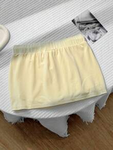 SHEIN Teen Girl Teen Girls Knitted Solid Color Drawstring Casual Fitted Mini Skirt, Versatile For Outings - Yellow - View 2