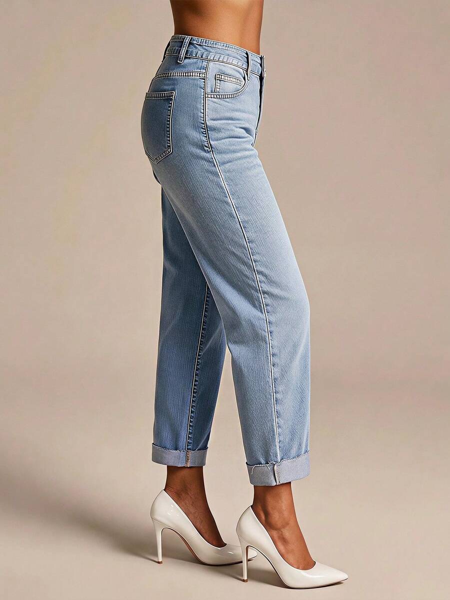Selenza Pantalones vaqueros cortos informales para mujer con dobladillo enrollado y bolsillos - Azul lavado medio - Ver 1