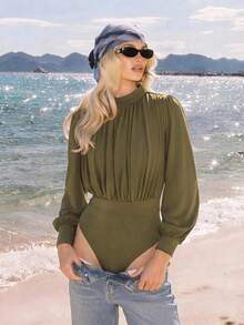 Anewsta Essential Women's New Long Sleeve Elegant Green Round Neck Bodysuit, Army Green Women's Clothing, Vacation Outfit - Army Green - View 2