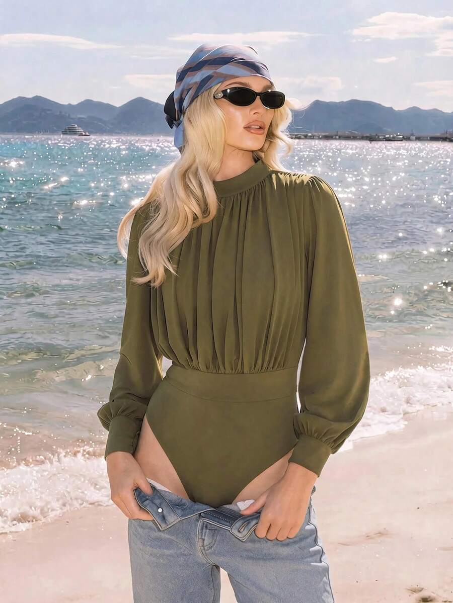 Anewsta Essential Women's New Long Sleeve Elegant Green Round Neck Bodysuit, Army Green Women's Clothing, Vacation Outfit