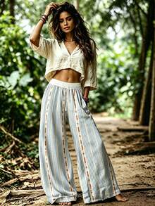 EMERY ROSE Plus Size Bohemian Striped Wide Leg Pants, Comfortable Elastic Waist Wide Leg Pants, Summer 2026 Fall - Multicolor - View 3