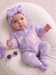 SHEIN Newborn Baby Pajamas Cartoon Unicorn Star Jacquard Pattern Round Neck Long Sleeve One-Piece Autumn Romper Comfortable - Purple - View 3
