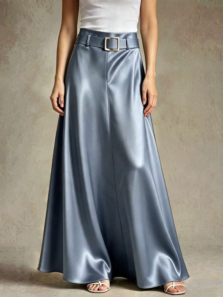 Franclia 女士优雅缎面金属腰带装饰A字裙 - 藍色 - 查看 1