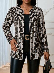 SHEIN Lady Plus Size Women's Geometric Print Long Sleeve Open Front Jacket Fall - Multicolor - View 5