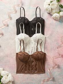 Elorette 3pcs Bra Wanita Elegan Warna Polos dengan Motif Renda dan Tambal Sulam - MultiWarna - View 1
