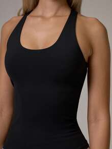 Musera Sport Scoop Neck Padded Bust Fitted Racer Back Tank Top Workout Gym Cute Pilates Fitness Daily Fall Winter - Black - View 3