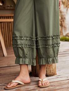 Lullawish Women's Bohemian Style 100% Cotton Ruffle Hem Romantic Loungewear Lantern Pants - Army Green - View 6
