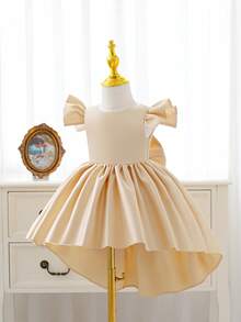 SHEIN Glamorique Kids 女嬰香檳金緞面公主優雅禮服，可拆卸大蝴蝶結背部設計，前短後長拖尾，適合1歲生日派對夏季穿著 - 香檳色 - 查看 6