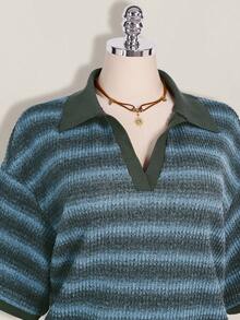 SHEIN ICON 大码女式条纹短袖T恤和短裤休闲套装 - 藍色 - 查看 9