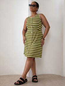 ELLERISSA Plus Size Green & White Stripe Round Neck Sleeveless Front Button Waffle Knit Mini Dress - Green - View 1