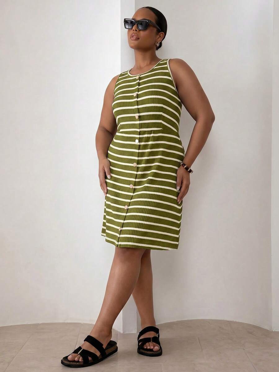 ELLERISSA Plus Size Green & White Stripe Round Neck Sleeveless Front Button Waffle Knit Mini Dress - Green - View 1
