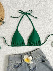 SHEIN Swim Summer Beach Halter Micro Triangle Bikini Top - Green - View 4