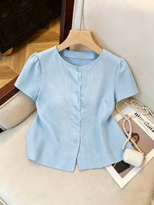 SHEIN Franclia 女款素色圓領前開襟歐根紗刺繡短袖襯衫 淺藍色 夏季休閒 適合辦公室與早午餐 - 藍色 - 查看 4