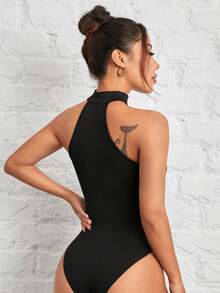 SHEIN PETITE Women's Halterneck Reversible Black Bodysuit ,Petite Women - Black - View 2