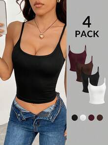 SHEIN PETITE 女款素色修身百搭日常穿著細肩帶背心 4 件組 - 彩色 - 查看 3