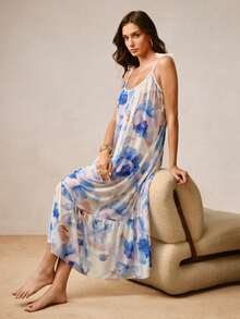 Hourtrue Camisola de Malha de Verão Vestido Feminino Sexy Decote Nas Costas Alças Finas Camisola Longa Conjunto de Robe e Pijama com Renda - Azul - Visão 6