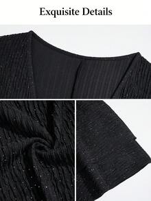 SOLERSUN Plus Size Women's Fashion Elegant Black Sequin Textured Fabric Ruched Fitted Mini Dress With Deep V-Neck, Long Sleeves, Layered Ruffle Hem And Asymmetrical Design, Suitable For Daily Commute, Party, Date, Vacation And Back To School Wear - Black - View 8