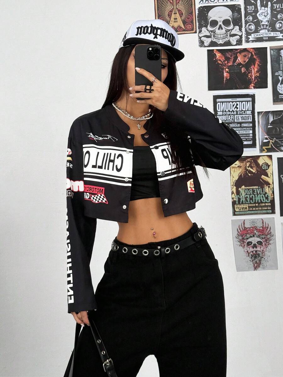 Fiercella Fiercella 女式街头风摩托车字母印花长袖短款夹克 - 黑色 - 查看 1