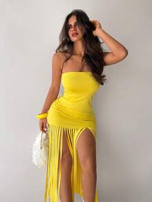 Sirith Fashionable Women's Yellow Strapless Burnout Striped Dress - Yellow - View 6
