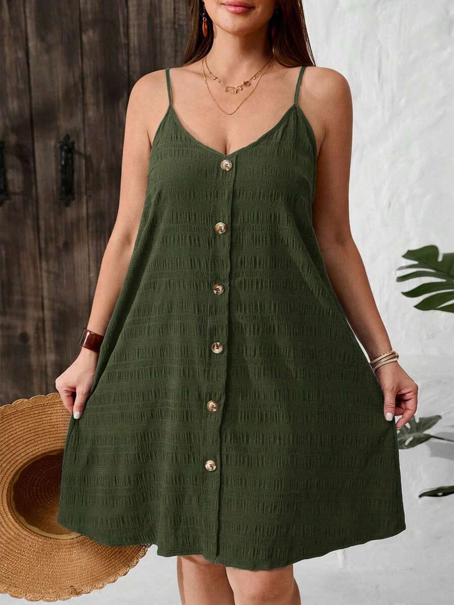 SHEIN VCAY 大尺碼女款純色休閒日常穿著夏季細肩帶洋裝 - 軍綠色 - 查看 1