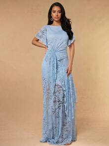 Silquee Women's Elegant Casual Romantic Sweet Lace Sheer Pleated Waist Dress Blue Floral Long Birthday Night Wedding Guest Garden Party Holiday Summer - Blue - View 1