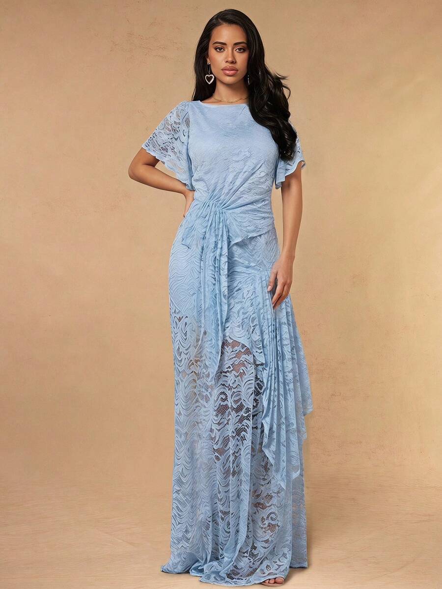 Silquee Women's Elegant Casual Romantic Sweet Lace Sheer Pleated Waist Dress Blue Floral Long Birthday Night Wedding Guest Garden Party Holiday Summer - Blue - View 1