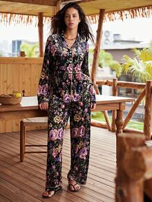 Lullawish Conjunto de pijama casual de mujer con estampado floral bohemio para vacaciones - Multicolor - Ver 1