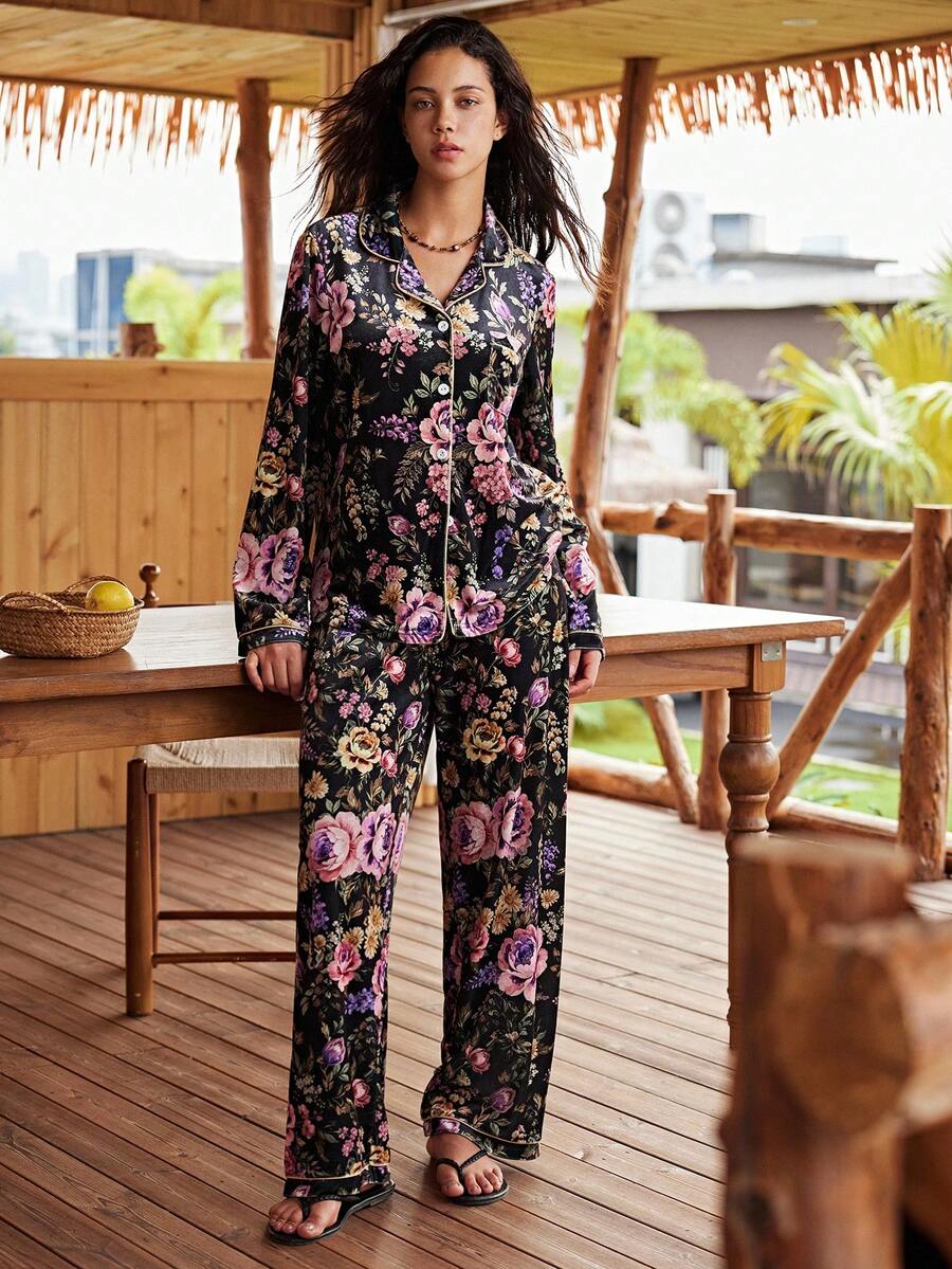 Lullawish Conjunto de pijama casual de mujer con estampado floral bohemio para vacaciones - Multicolor - Ver 1