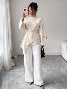 Elenzga Apricot Textured Washed Linen Asymmetrical Wrap Long Top With Belt, Lazy Minimalist Elegant Shirt, Suitable For Home, Office And Street Wear - Apricot - View 7