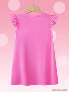 Miraculous Ladybug X SHEIN Vestido de verano para niñas con cuello redondo, volantes y estampado de dibujos animados lindo - Rosa - Ver 2