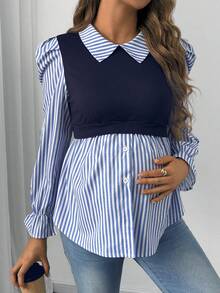 SHEIN Maternity Spring/Autumn Casual Stripe Patchwork Puff Sleeve 2 In 1 Nursing Shirt Fall - Multicolor - View 3