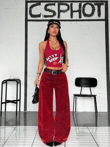 Jeanoix Women's Casual Streetwear Versatile Daily Wear  Flocked Denim Long Pants With Pockets Work Going Out Dark Red Summer - Red - View 4
